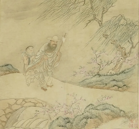 Chinese School , (19th century), Sage and boy, Farmer and ox, and two sages and attendant, Ink and colour on rice paper; three works, 38.5cm x 39.5cm, framed and glazed